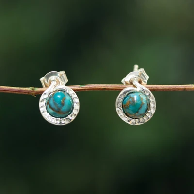Reconstituted turquoise stud earrings, 'Teal Radiance' - Round Reconstituted Turquoise Stone Silver Stud Earrings