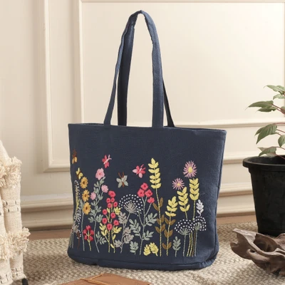 Embroidered cotton tote bag, 'Denim Meadows' - Denim Blue 100% Cotton Tote Bag with Embroidered Flowers