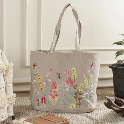Embroidered cotton tote bag, 'Smoky Meadows' - Floral Embroidered 100% Cotton Tote Bag in Smoky Beige Hues