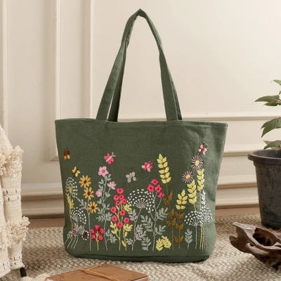 Embroidered cotton tote bag, 'Olive Meadows' - Spring-Aesthetic Embroidered Cotton Tote Bag in Olive Green