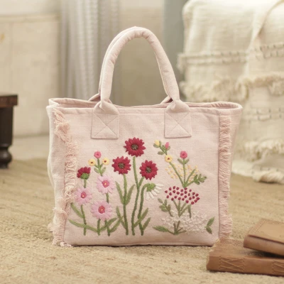 Embroidered cotton handle handbag, 'Blooming Blush' - Blush Pink Cotton Handle Handbag with Embroidered Blooms