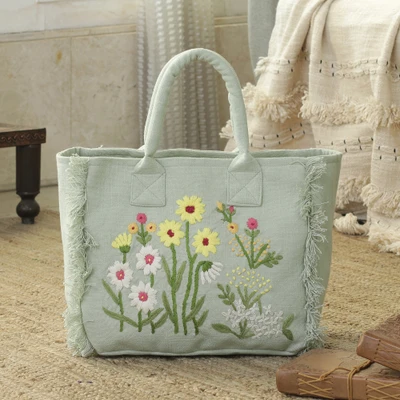 Embroidered cotton handle handbag, 'Blooming Mint' - Fringed 100% Cotton Floral Handle Handbag in Mint Green Hues