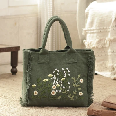 Embroidered cotton handle handbag, 'Blooming Olive' - Springcore Olive Green 100% Cotton Fringed Handle Handbag