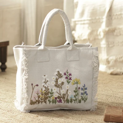 Embroidered cotton handle handbag, 'Blooming Mist' - Artisan-Made Embroidered Cotton Handle Handbag with Fringes