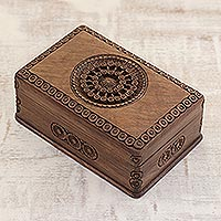 Walnut jewelry box, 'Exotic Radiance' - Carved Walnut Wood Jewelry Box