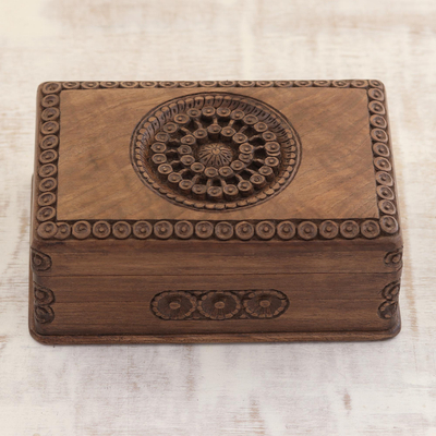 Walnut jewelry box, 'Exotic Radiance' - Carved Walnut Wood Jewelry Box