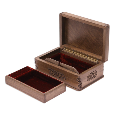 Walnut Jewellery box, 'Exotic Radiance' - Carved Walnut Wood Jewellery Box