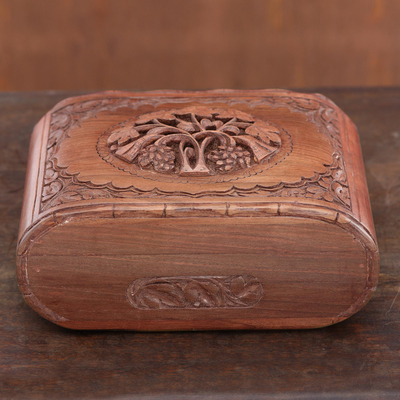 Wood jewelry box, 'Kashmiri Delight' - Floral Carved Wood Jewelry Box