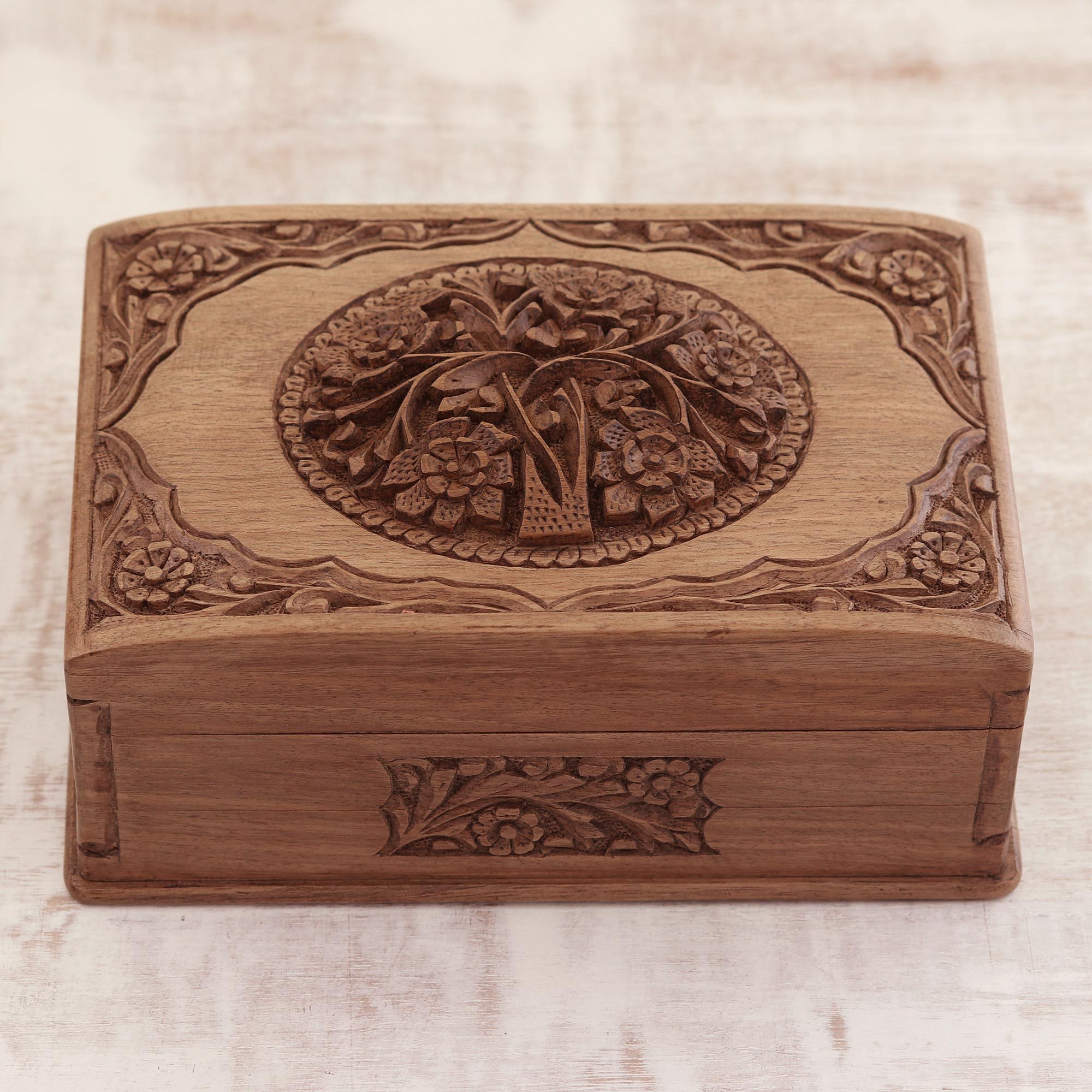 UNICEF Market Handcrafted Indian Floral Walnut Carved Jewelry Box