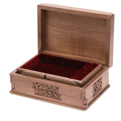 Walnut jewelry box, 'Hypnotic Tree' - Floral Carved Wood Jewelry Box