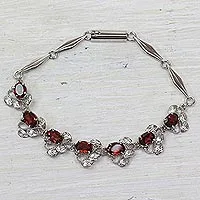 Granat-Gliederarmband, „Nature's Delight“ – Blumen-Granat-Armband, handgefertigt aus Sterlingsilber