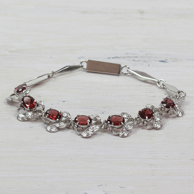 Garnet link bracelet, 'Nature's Delight' - Floral Garnet Bracelet Handcrafted in Sterling Silver