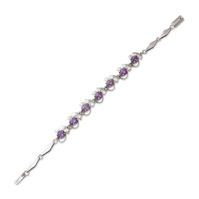 Amethyst link bracelet, 'Purple Mist' - Handmade Floral Sterling Silver and Amethyst Bracelet