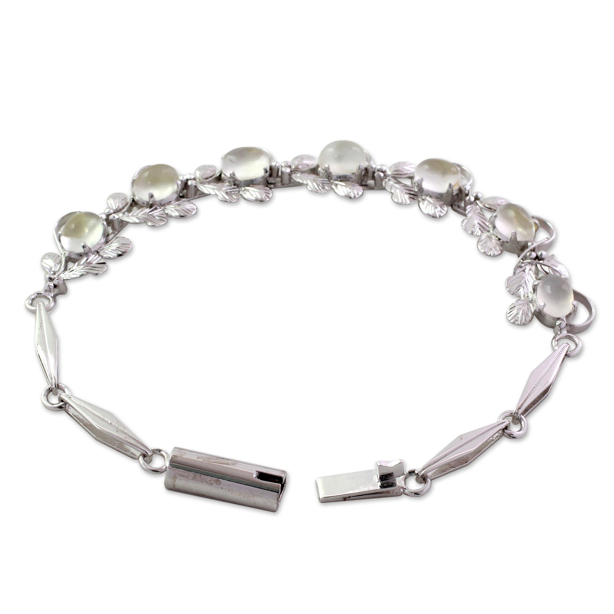 Floral Sterling Silver Link Moonstone Bracelet - Misty Affair | NOVICA