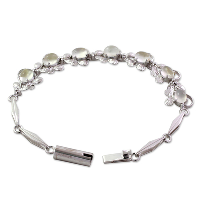 Floral Sterling Silver Link Moonstone Bracelet - Misty Affair | NOVICA