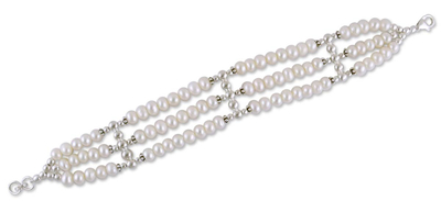 Cultured pearl wristband bracelet, 'Jewels of India' - Pearl Wristband Bracelet with Sterling Silver Bridal Jewelry