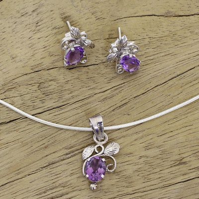 Amethyst jewelry set, 'Mauve Blushing Leaves' - Fair Trade Sterling Silver and Amethyst Floral jewellery Set