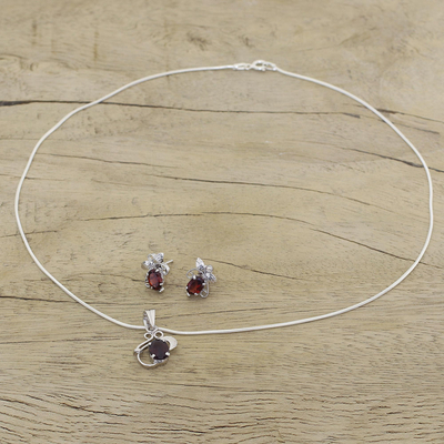Garnet Jewellery set, 'Red Leaves' - Floral Jewellery Set in Sterling Silver and Garnet 