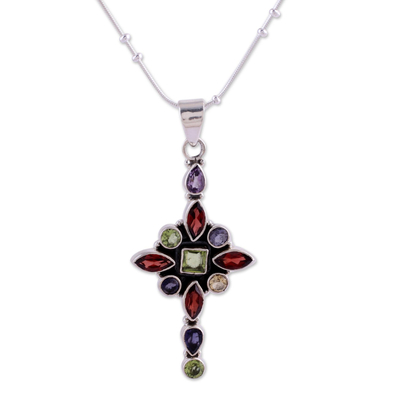 Amethyst and garnet pendant necklace, 'Star Cross' - Multigem Cross in Sterling Silver Necklace from India