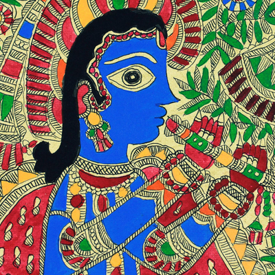 Madhubani painting, 'Radha and Krishna Rejoice' - Madhubani painting