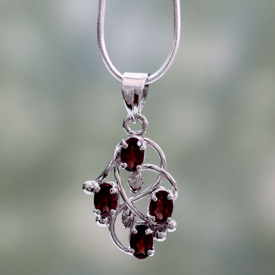 Garnet floral necklace, 'Scarlet Vines' - Sterling Silver Necklace with Garnet Handmade India