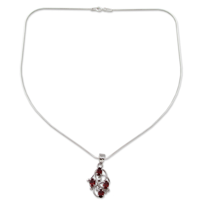 Garnet floral necklace, 'Scarlet Vines' - Sterling Silver Necklace with Garnet Handmade India