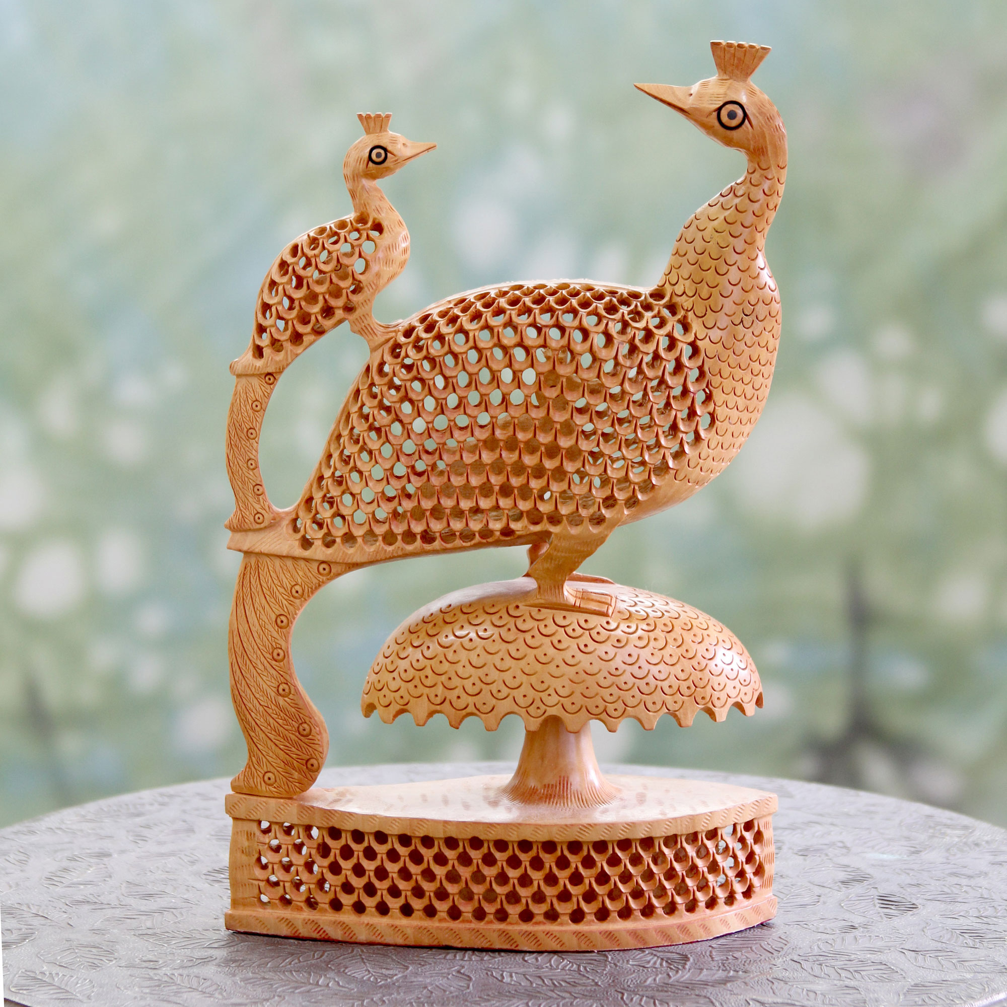 Unicef Market Intricate Hand Carved Wooden Peacock Sculpture Royal Peacocks