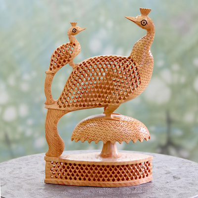 Wood statuette, 'Peacock Freedom' - India Intricate Hand Carved Wood Sculpture Statue 