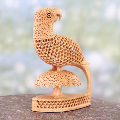 Wood statuette, 'Perky Parrots' - Handcrafted Indian Wood Bird Sculpture