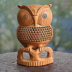 Artisan Crafted Wood Bird Sculpture, 'Night Owl'