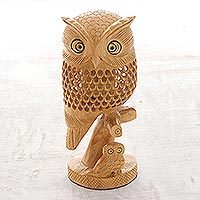 Wood statuette, 'Latticework Owls - Hand Crafted Wood India Jali Sculpture