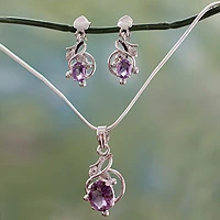 Amethyst jewelry set, 'Wisteria' - Indian Sterling Silver & Amethyst Floral Necklace & Earrings