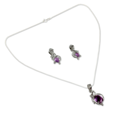 Amethyst jewelry set, 'Wisteria' - Amethyst Jewelry Set Sterling Silver Necklace Earrings