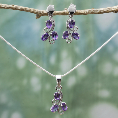 Amethyst Jewellery set, 'Mystical Blooms' - Fair Trade Amethyst Necklace and Earrings Jewellery Set 
