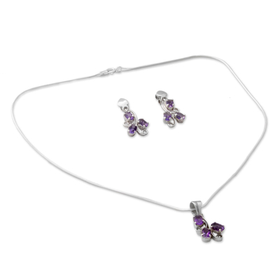 Amethyst Jewellery set, 'Mystical Blooms' - Fair Trade Amethyst Necklace and Earrings Jewellery Set 