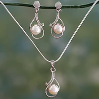 Conjunto de joyas de perlas, 'Lunar Magic' - Conjunto de joyas de perlas nupciales Pendientes de collar de plata de ley