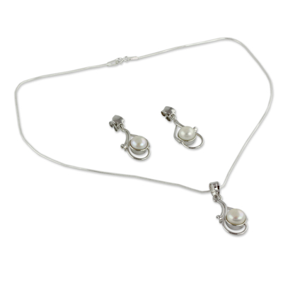 Pearl jewelry set, 'Lunar Magic' - Bridal Pearl Jewelry Set Sterling Silver Necklace Earrings