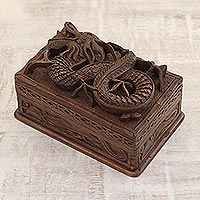 Walnut jewelry box, 'Lucky Dragon' - Hand Carved Wood jewellery Box from India