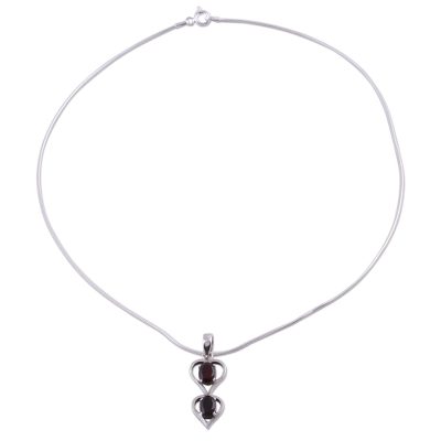 Garnet pendant necklace, 'Twin Hearts' - Sterling Silver and Garnet Necklace Heart Jewelry