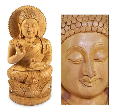 Wood statuette, 'Benevolent Heart of Buddha' - Indian Karma Wood Sculpture