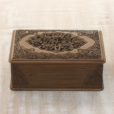 Walnut jewellery box, 'Eden Tree' - Floral Wood jewellery Box