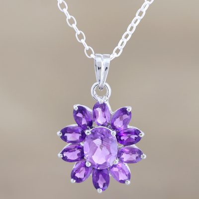 Amethyst pendant necklace, 'Lilac Sunflower' - Amethyst Floral Necklace Sterling Silver Jewelry
