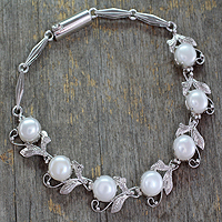Pearl flower bracelet, 'Misty' - Pearl Bracelet Tennis Style  Sterling Silver Jewelry 