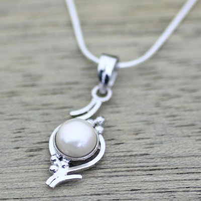 Pearl pendant necklace, 'Lightning Cloud' - Pearl on Sterling Silver Necklace Bridal Jewellery