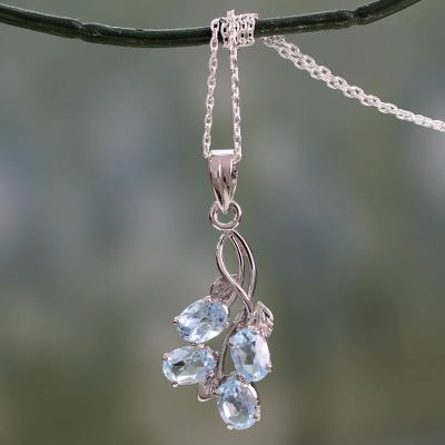 Blue topaz pendant necklace, 'Sky Flowers' - Blue Topaz Pendant Necklace in Sterling Silver India Jewelry
