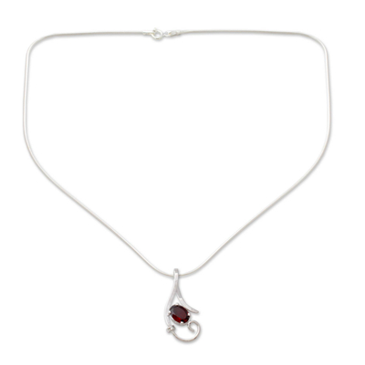 Garnet floral necklace, 'Fire of Romance' - Sterling Silver and Garnet Necklace Modern Necklace