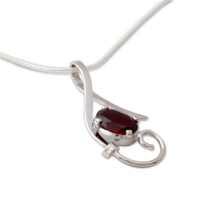 Garnet floral necklace, 'Fire of Romance' - Sterling Silver and Garnet Necklace Modern Necklace