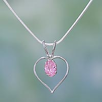 Sterling silver heart necklace, 'Heart of Rose' - Heart Jewelry Sterling Silver and Pink Cubic Zirconia 
