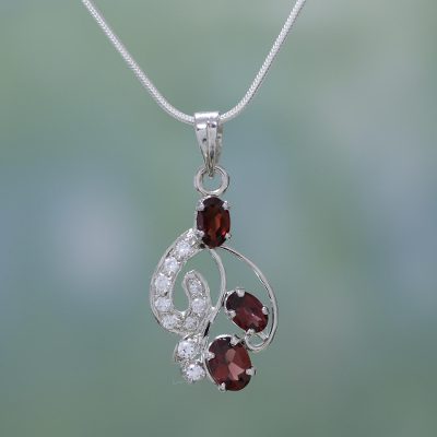 Garnet pendant necklace, 'Crimson Trio' - Garnet Pendant on Sterling Silver Necklace from India