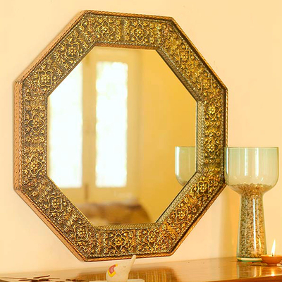 Mirror, 'Golden Floral Cloud' - Golden Repoussé Wall Mirror Handmade in India